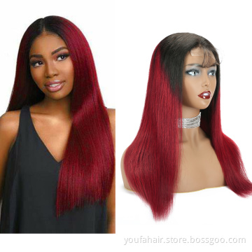 Factory Price Brazilian Virgin Human Hair Red Wine Ombre Color 1b/burgundy 4x4 Transparent HD Lace Closure Wigs for Black Women